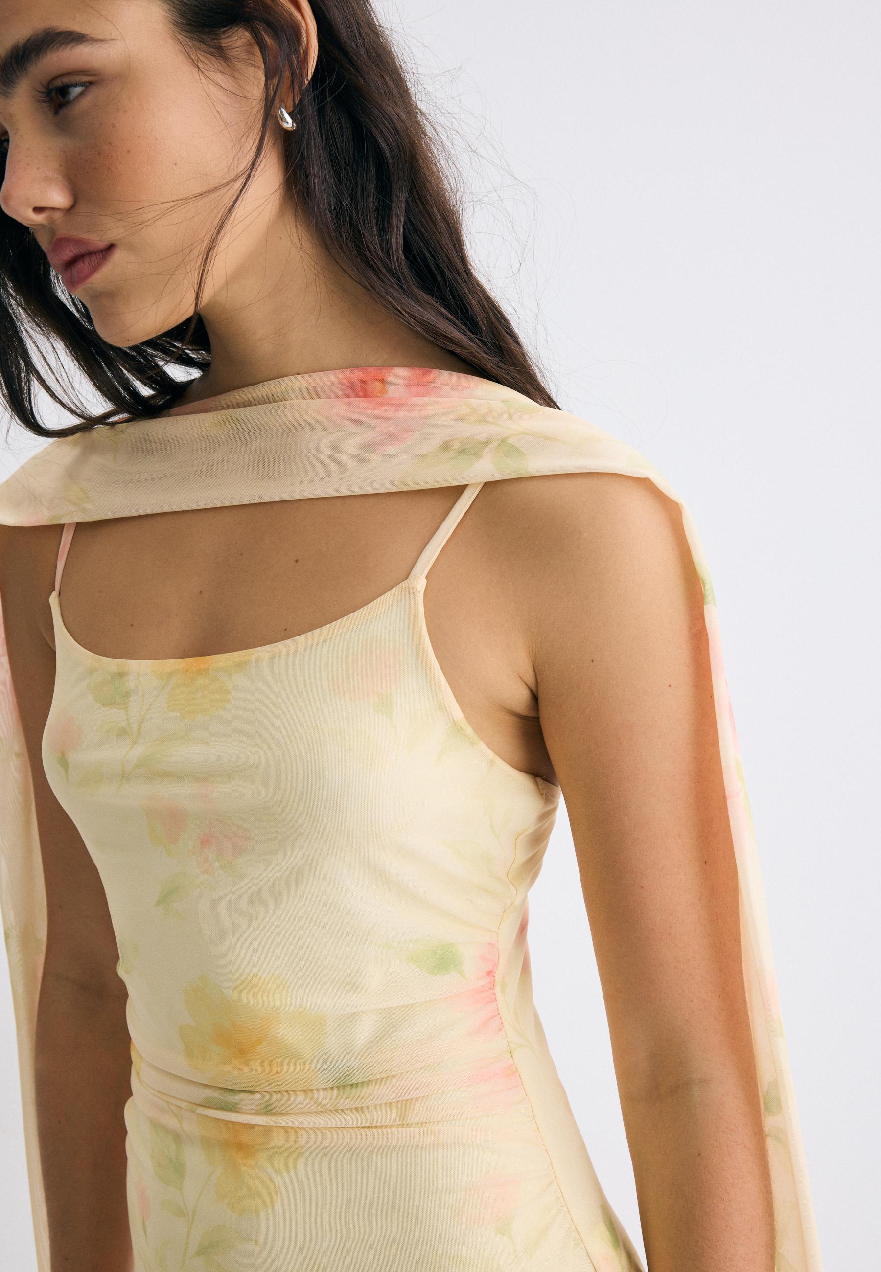 Printed tulle midi dress with scarf — Gold