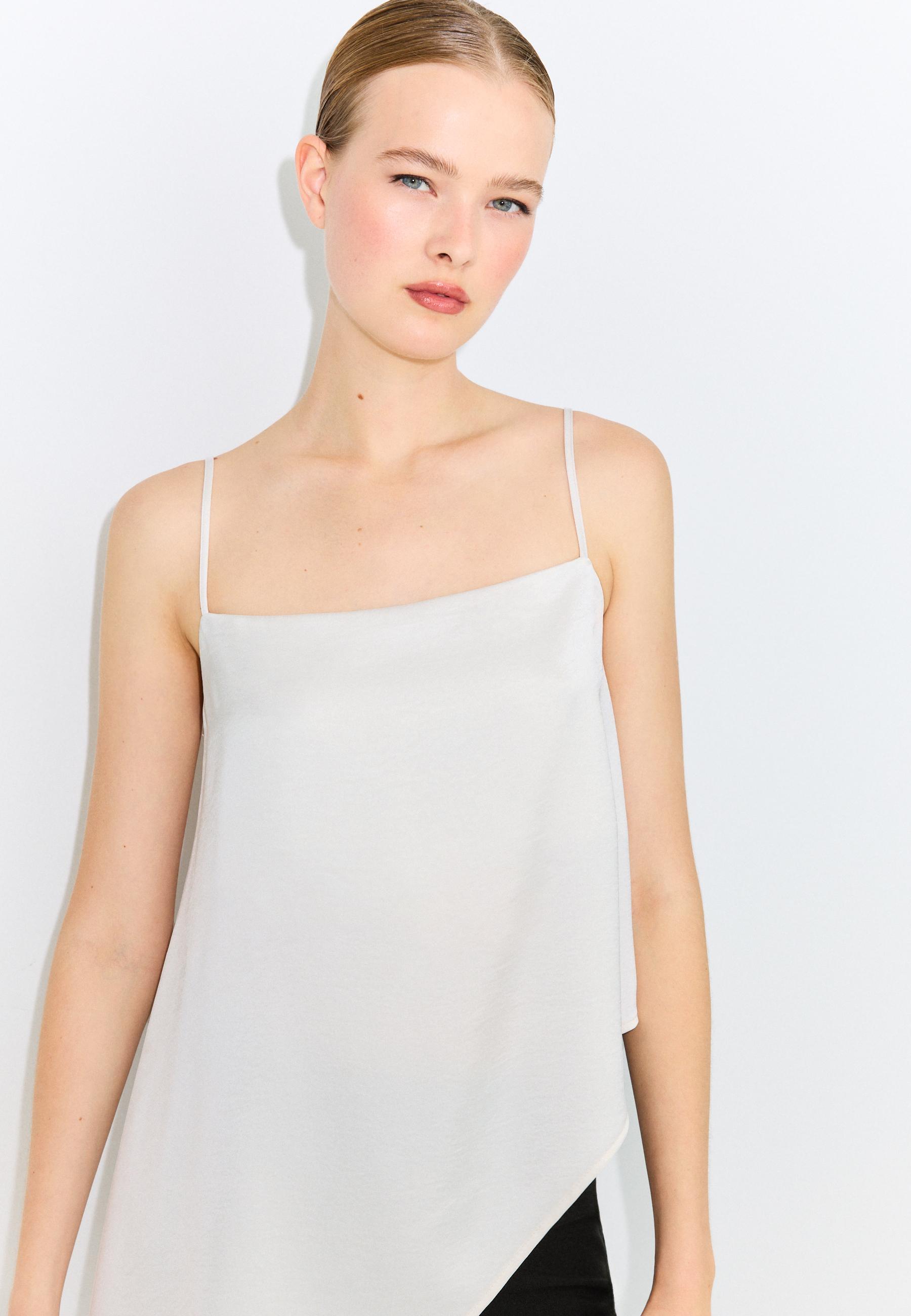 Satin asymmetric hem top — Ecru