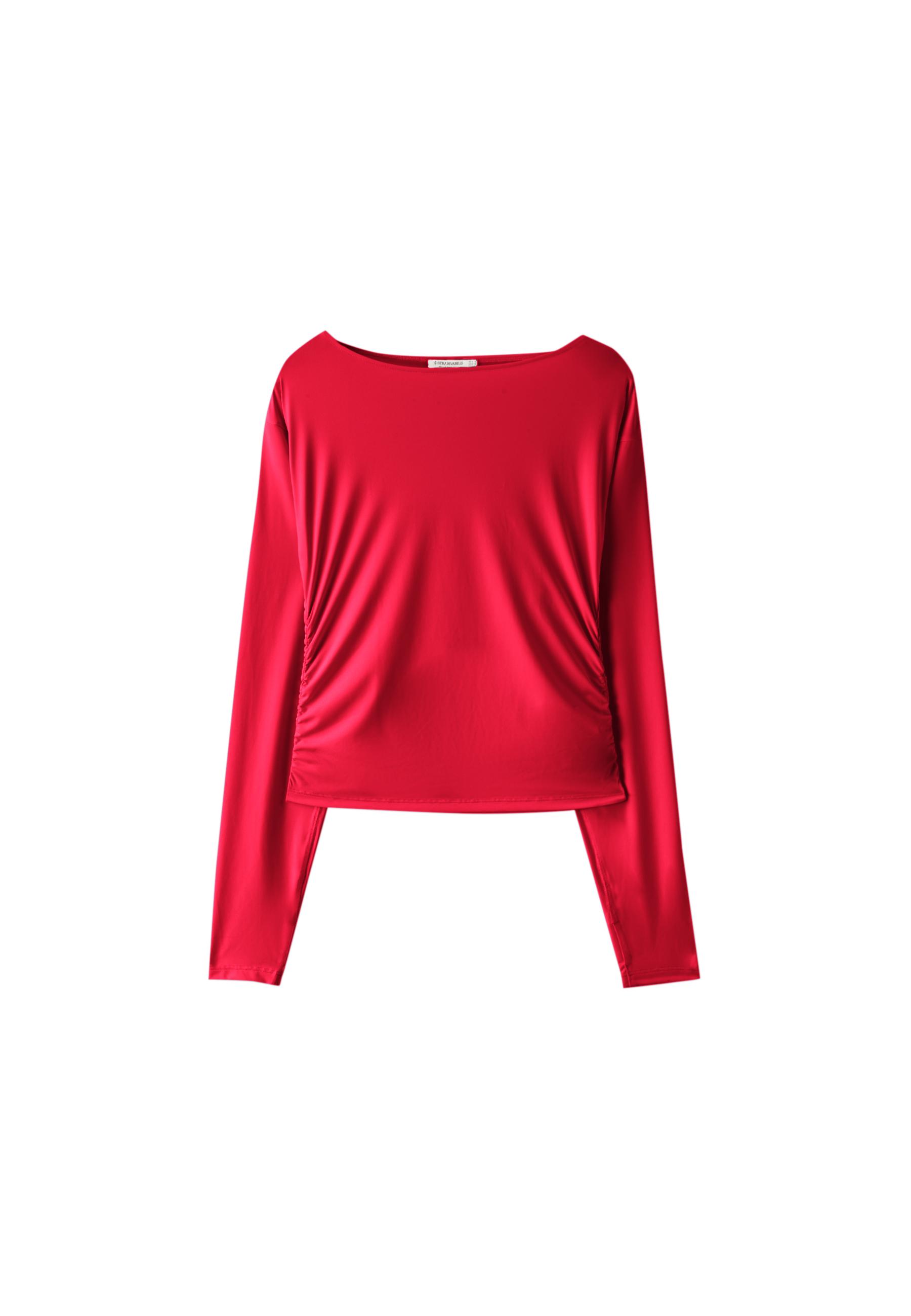 Long sleeve gathered polyamide T-shirt — Red