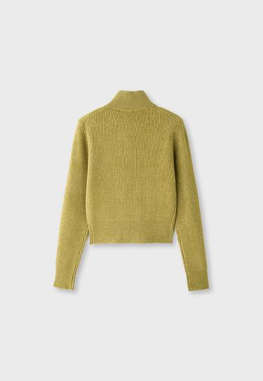 Double-breasted funnel neck knit jumper — Olive green 8