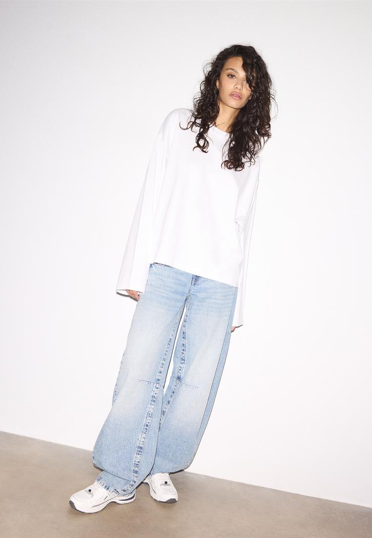 Stradivarius Μακρυμάνικη Μπλούζα Boxy Λευκό M