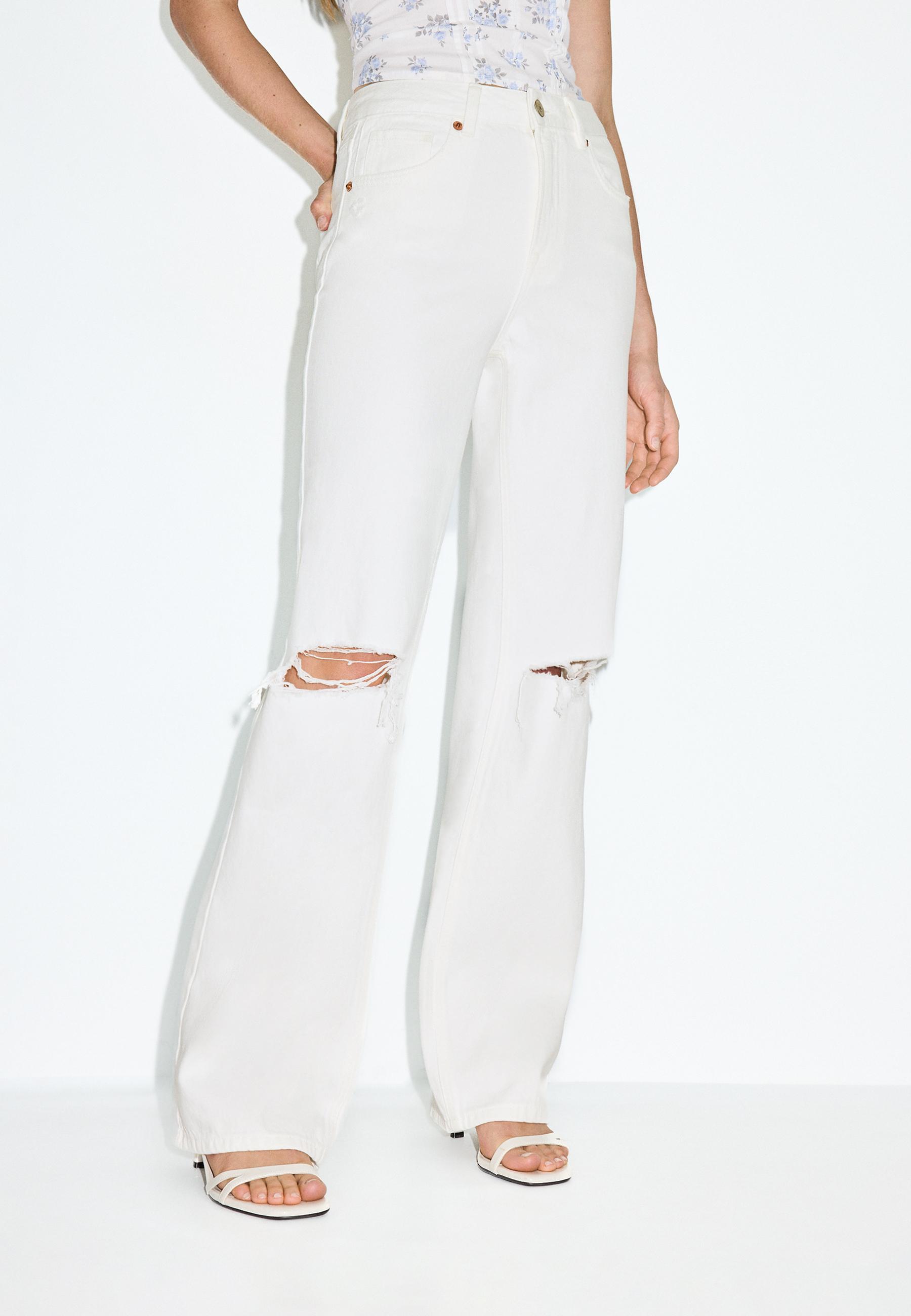 D92 ripped straight wide-leg jeans — Ecru