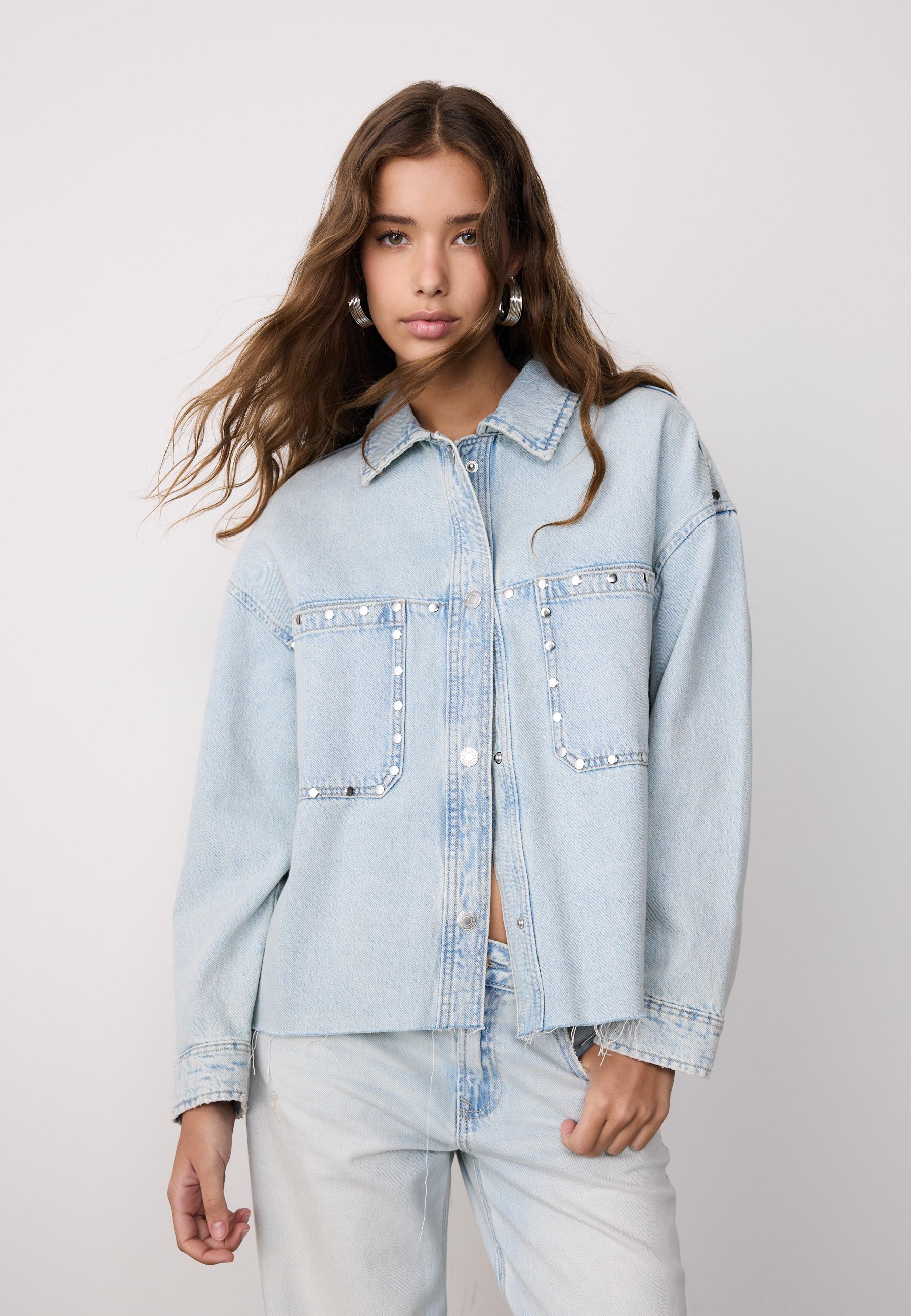 Cropped denim overshirt with studs — MEDIUM BLUE DENIM