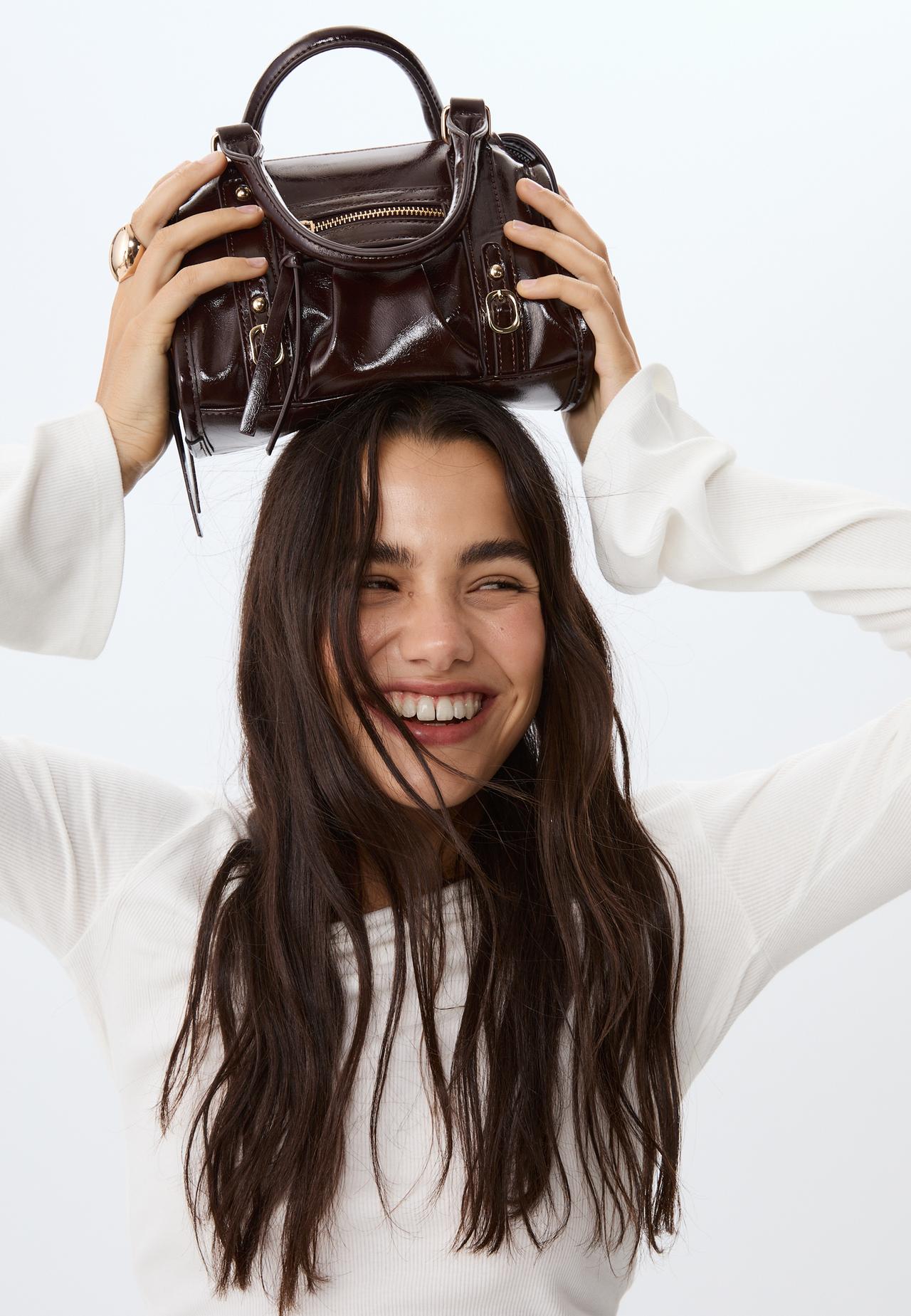 Leather effect bowling crossbody bag — Brown