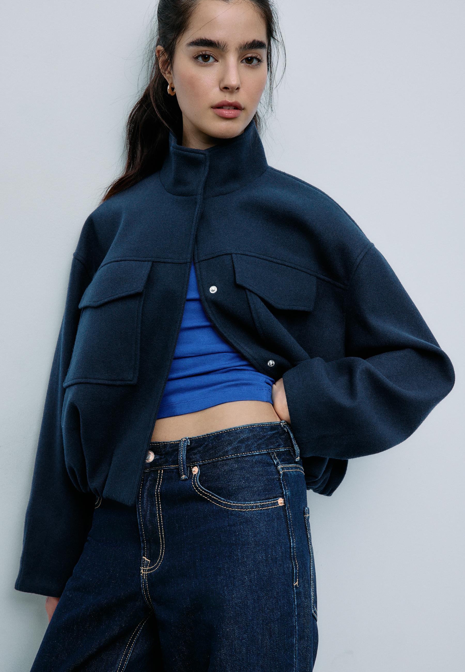 Soft-touch bomber jacket with pockets — Dark blue
