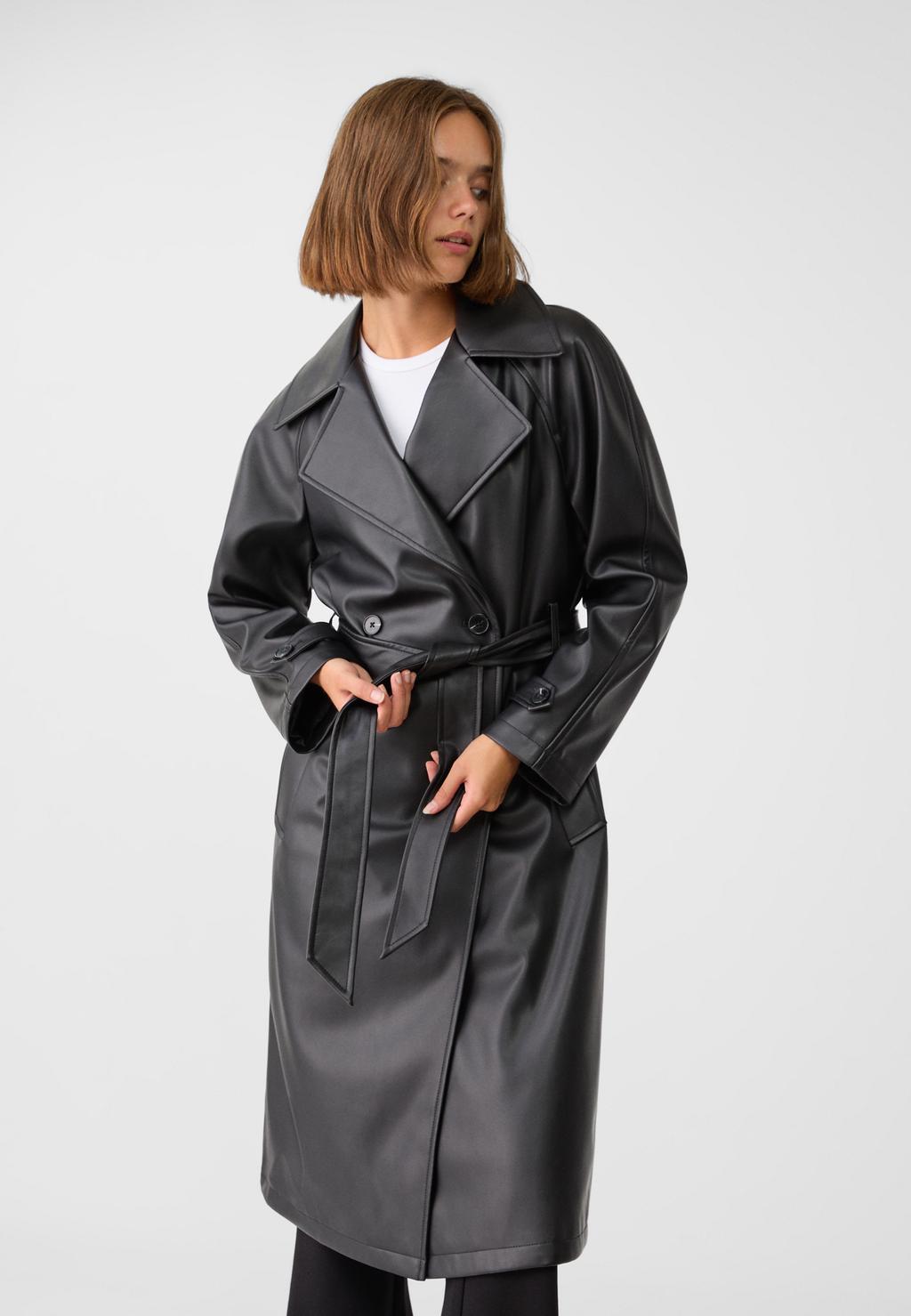 Long faux leather trench coat