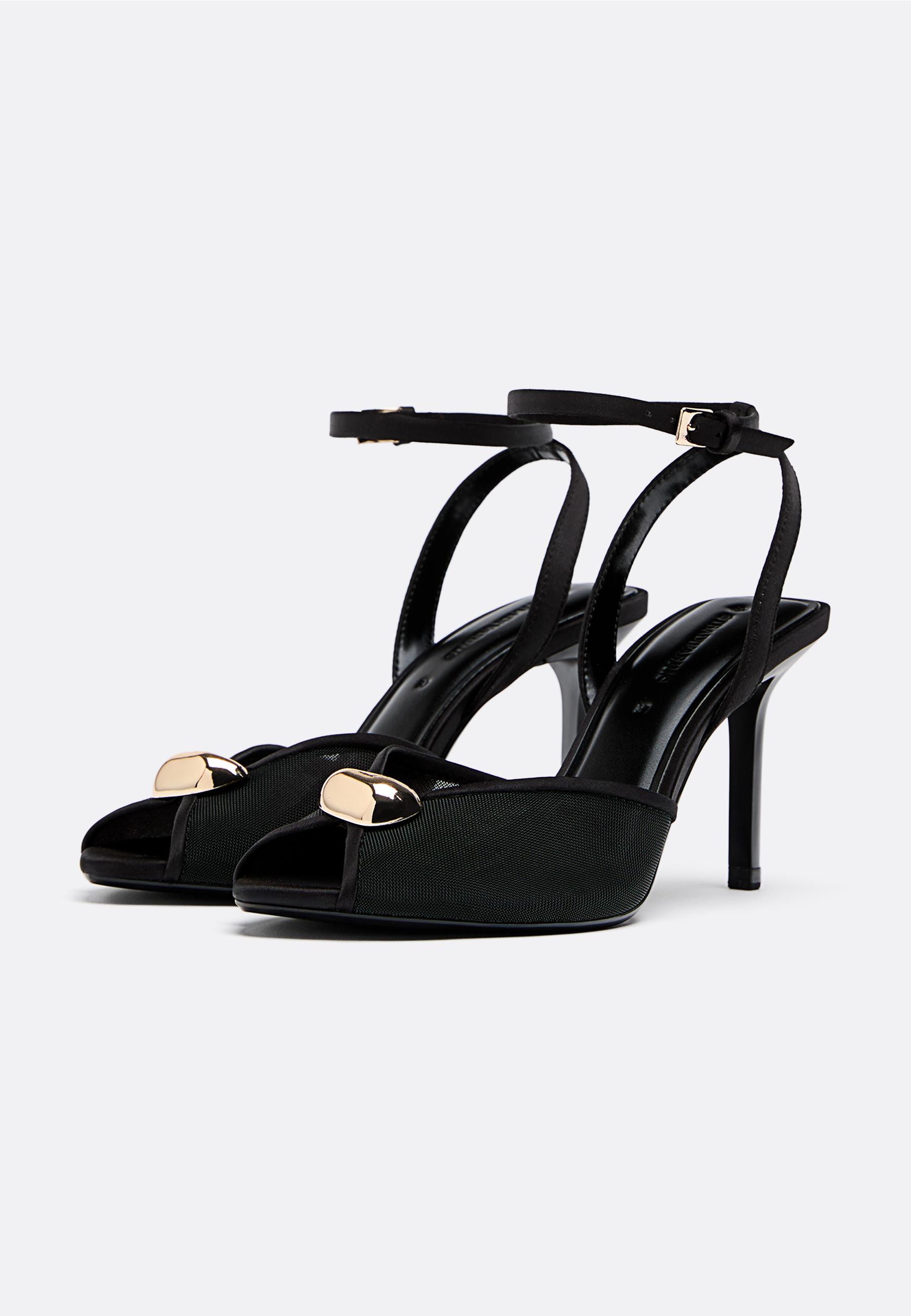 Heeled mesh sandals with metal detailing — BLACK