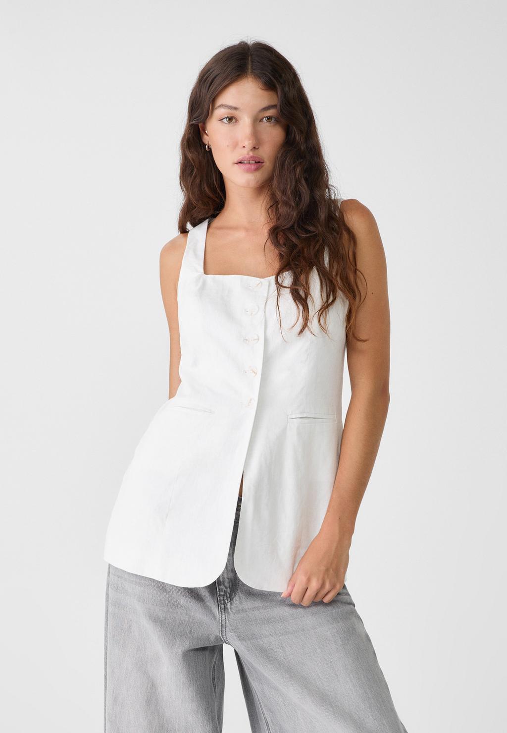 Linen blend waistcoat with square neckline