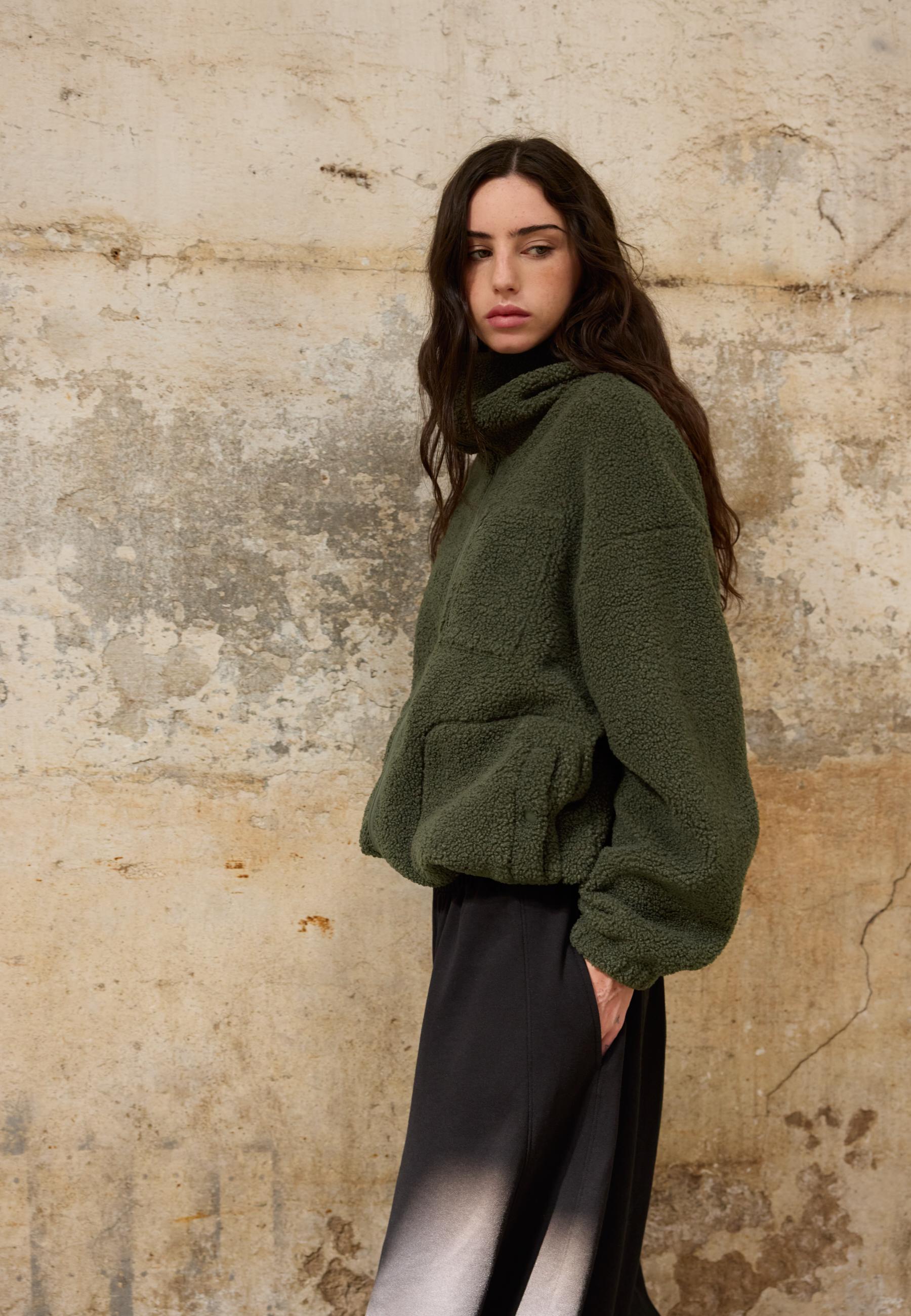 Faux shearling coat with toggles — Khaki