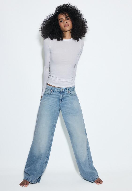 Stradivarius Jean Taille Basse Wide Leg Étoile Denim Overdyed Délavé 32