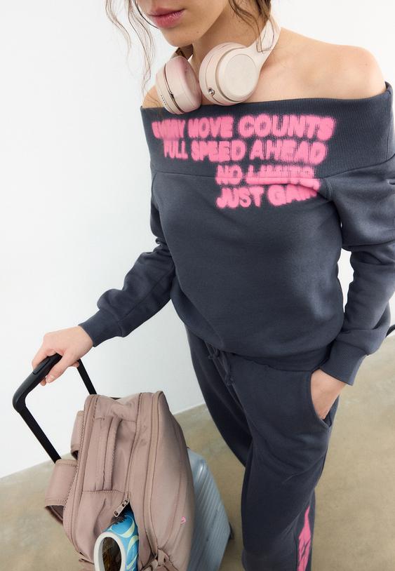 Stradivarius Oversize Boat Neck Sweatshirt Dark Grey L