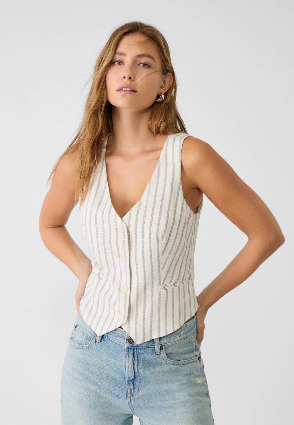 Short striped linen blend waistcoat