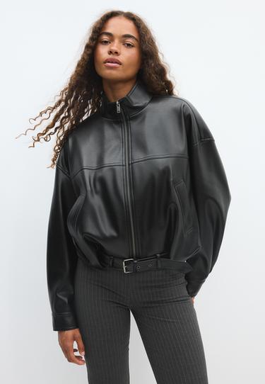 Leather effect belted bomber jacket — Black 2