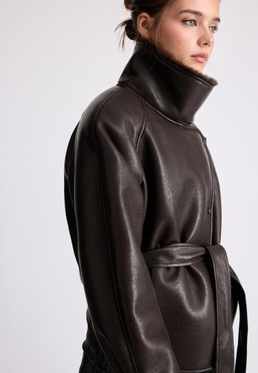 Leather effect double-faced high neck jacket — Brown 3