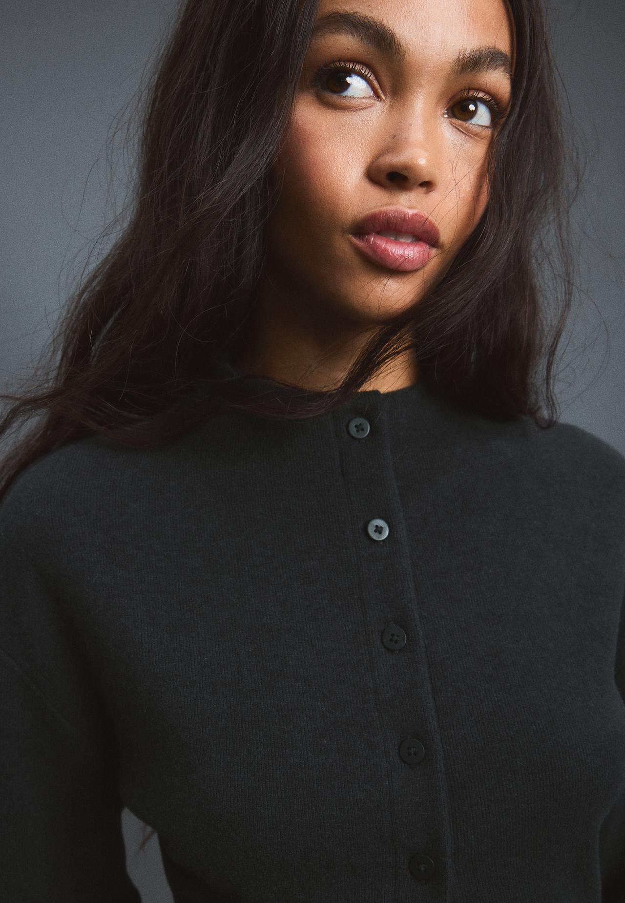Stand collar knit cardigan — Dark grey