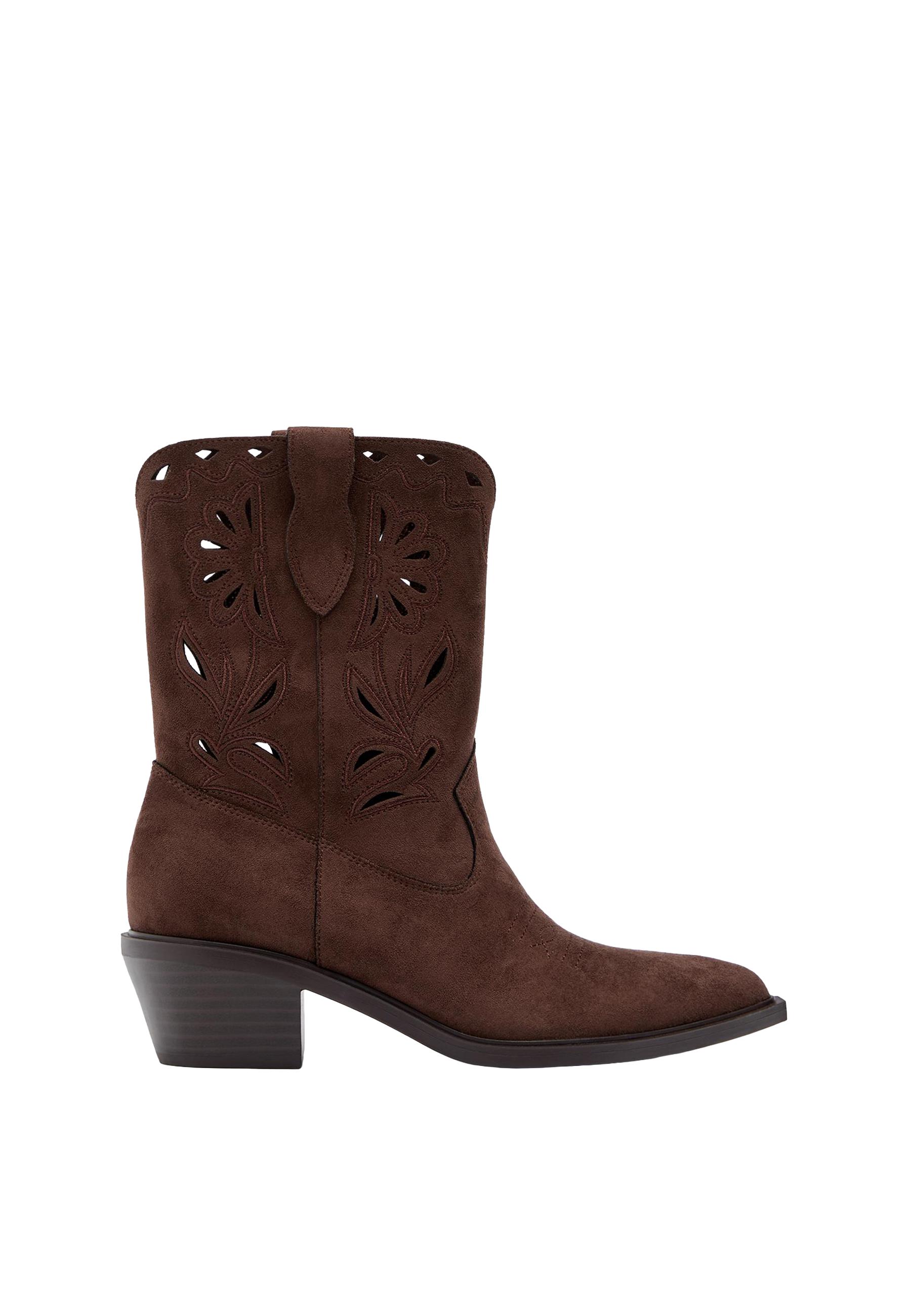 Perforated cowboy leather effect ankle boots — BROWN
