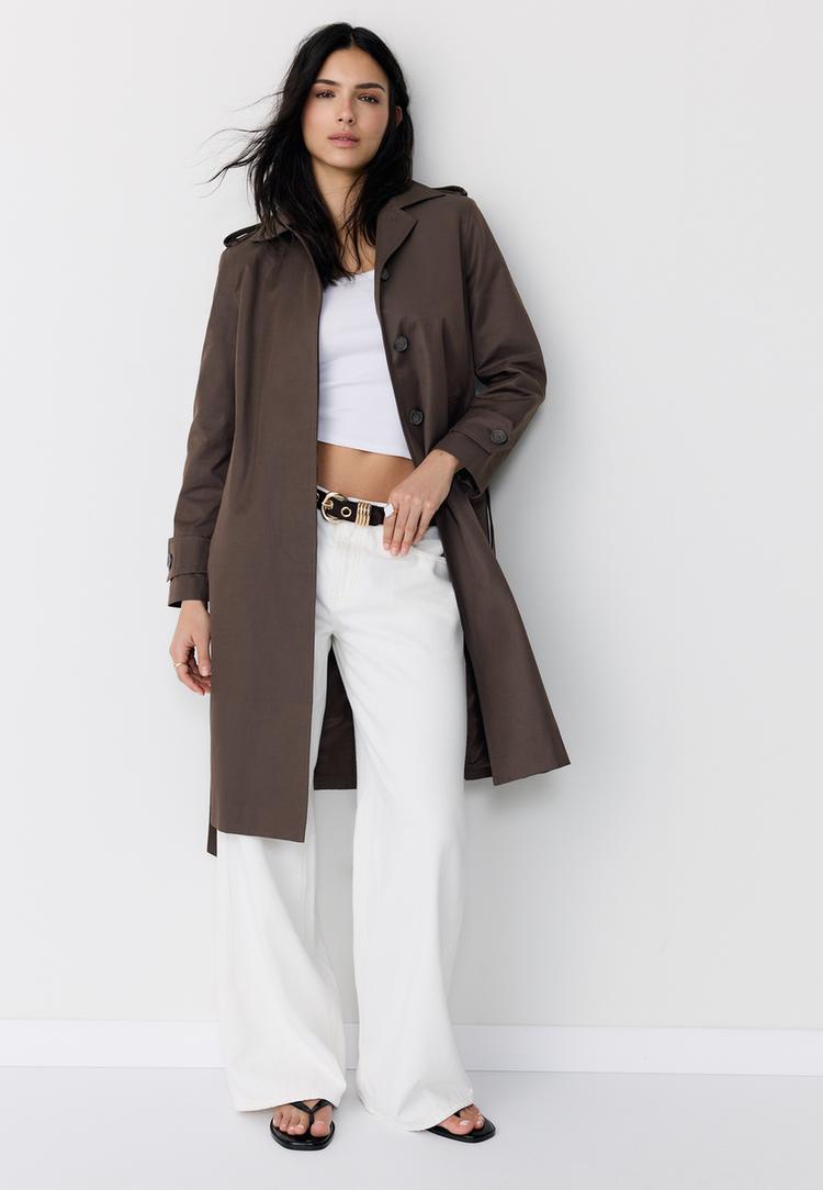 Stradivarius Μακρύ Trench Με Μονό Κούμπωμα Καφέ S