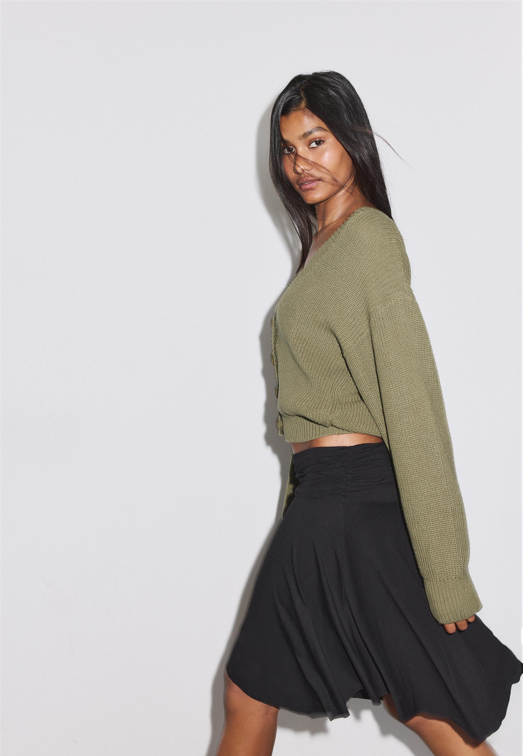 V-neck knit cardigan — Khaki