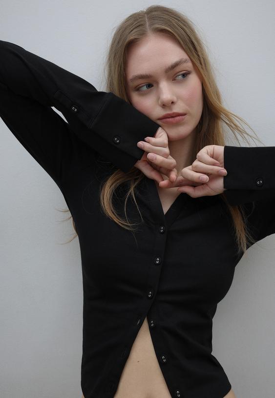 Stradivarius Knit Shirt With Buttons Black S