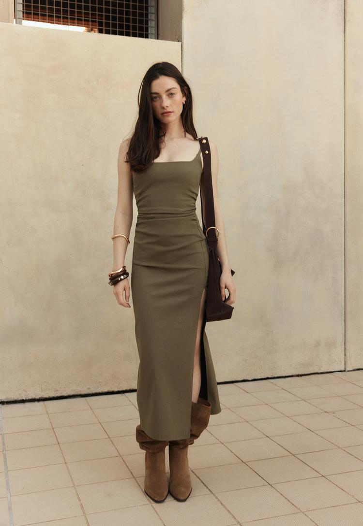 bengaline midi dress with square neckline