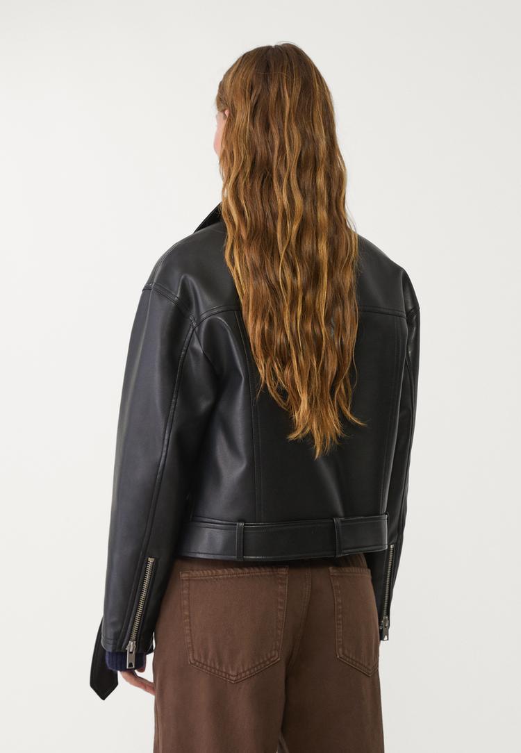 oversize suni deri biker ceket
