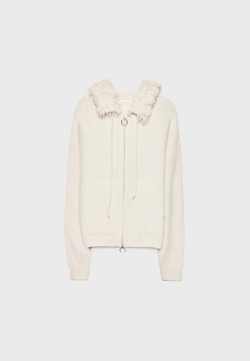 Knit cardigan with faux fur hood
