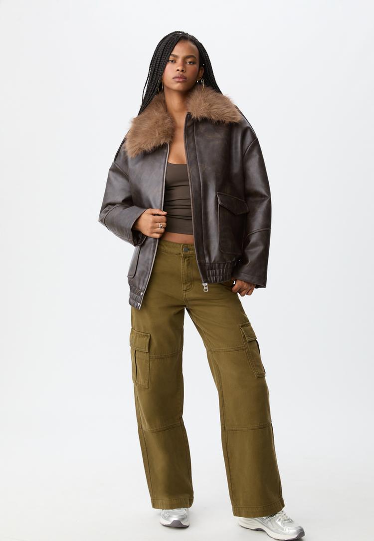 oversize contrast leather effect jacket