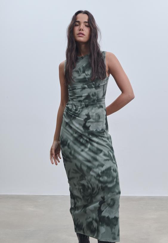 printed tulle midi dress