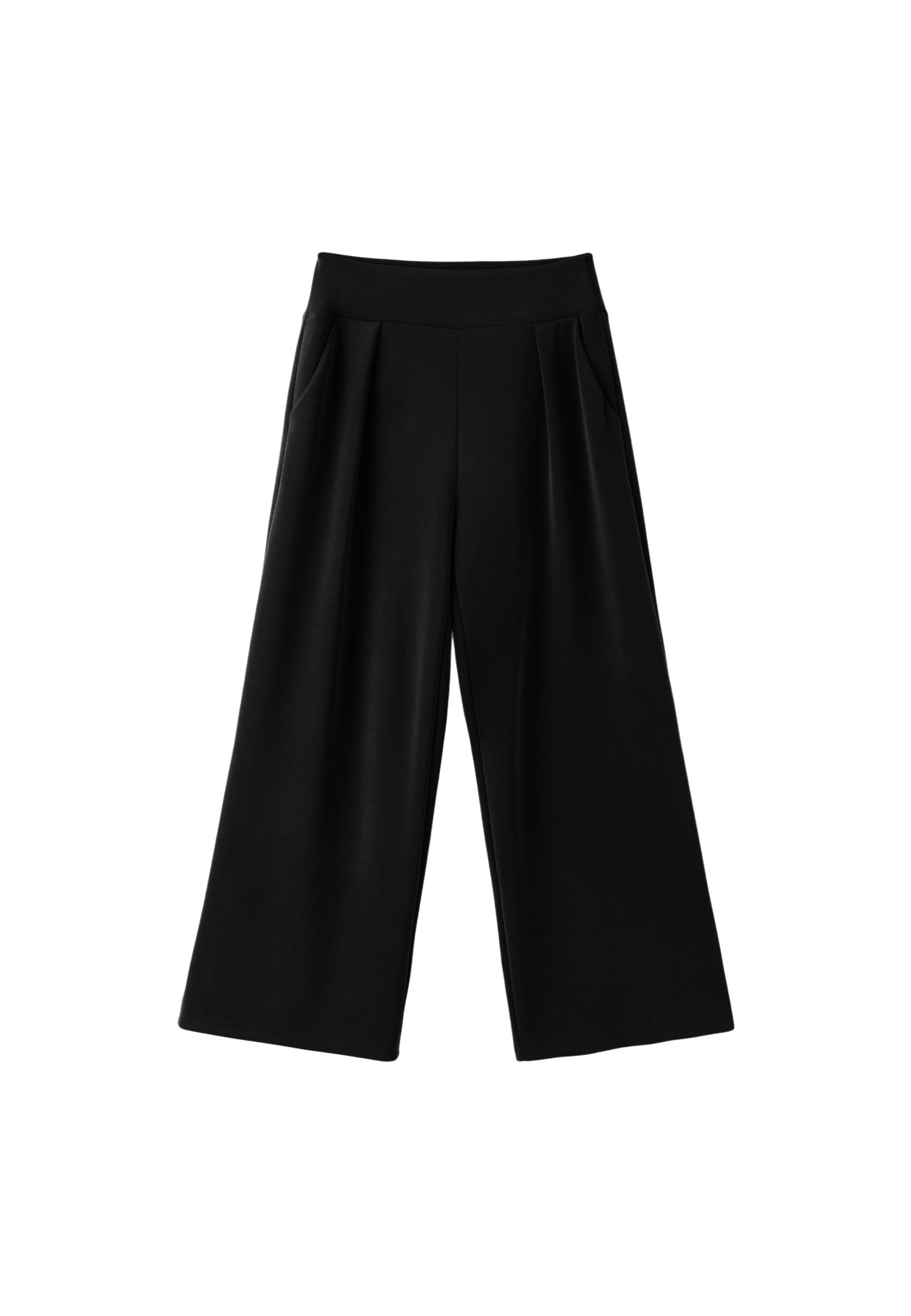 Soft-touch wide-leg trousers with darts — Black