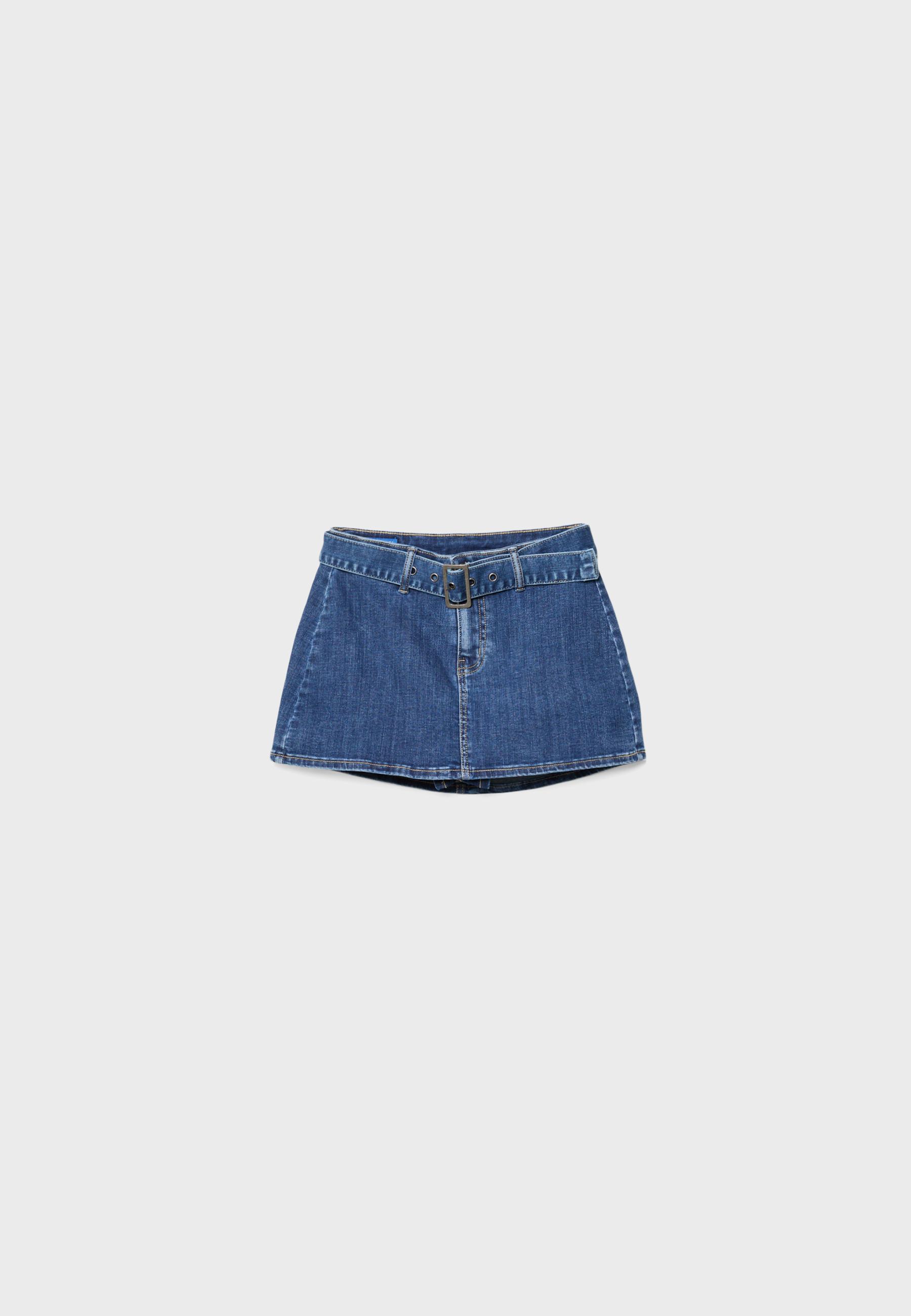 Kemerli denim şort etek - Görsel 7
