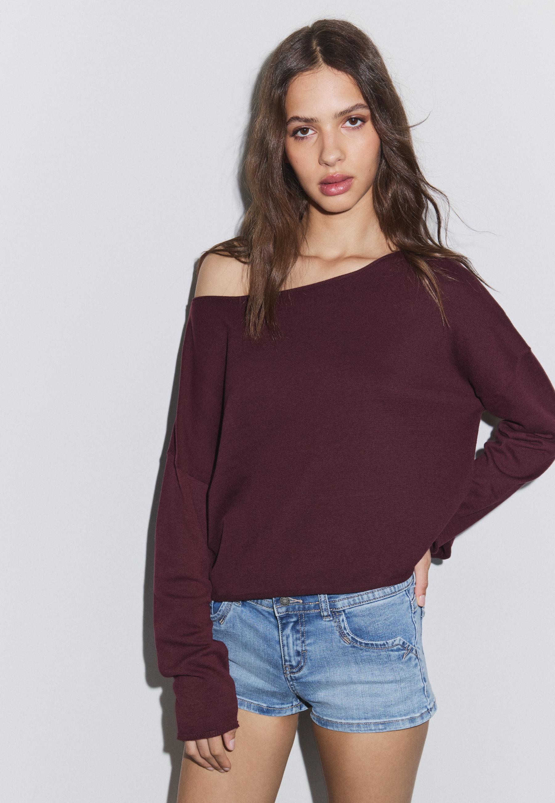 Boat neck cropped sweater — Burgundy