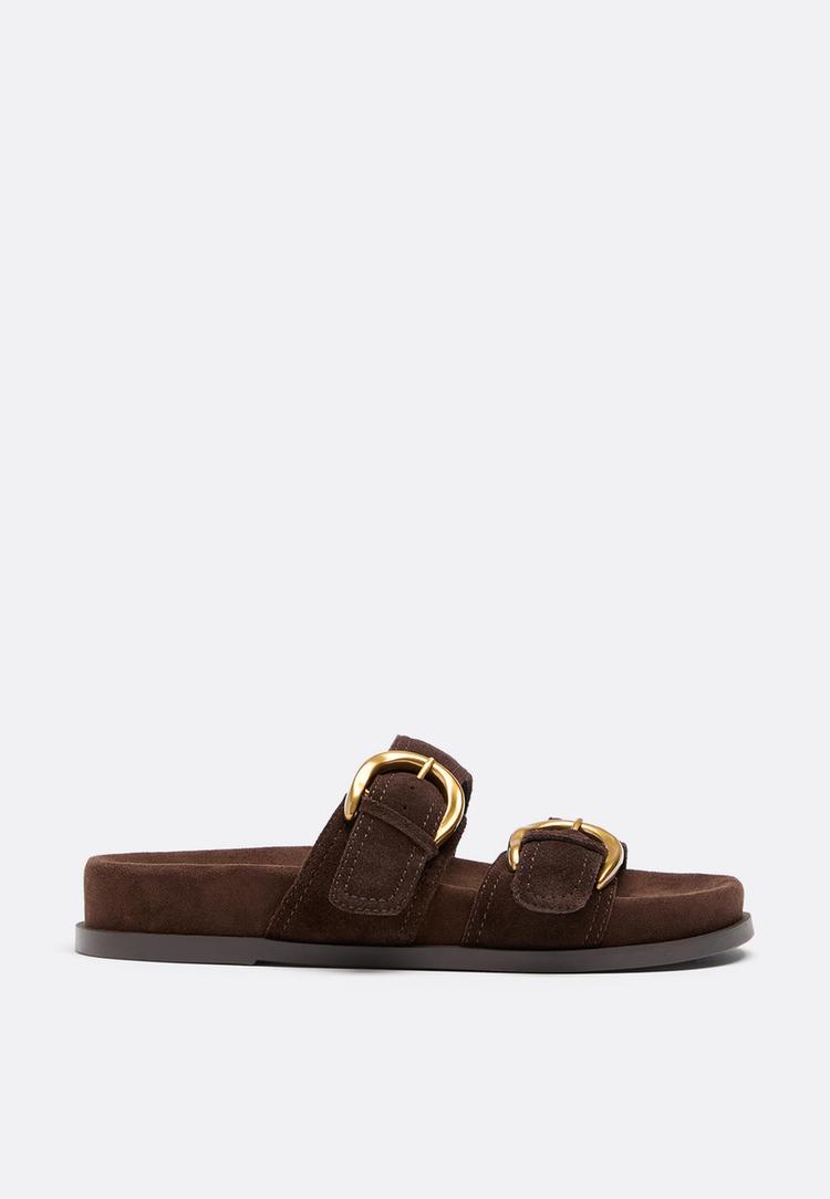 wide fit flat leather buckle sandals