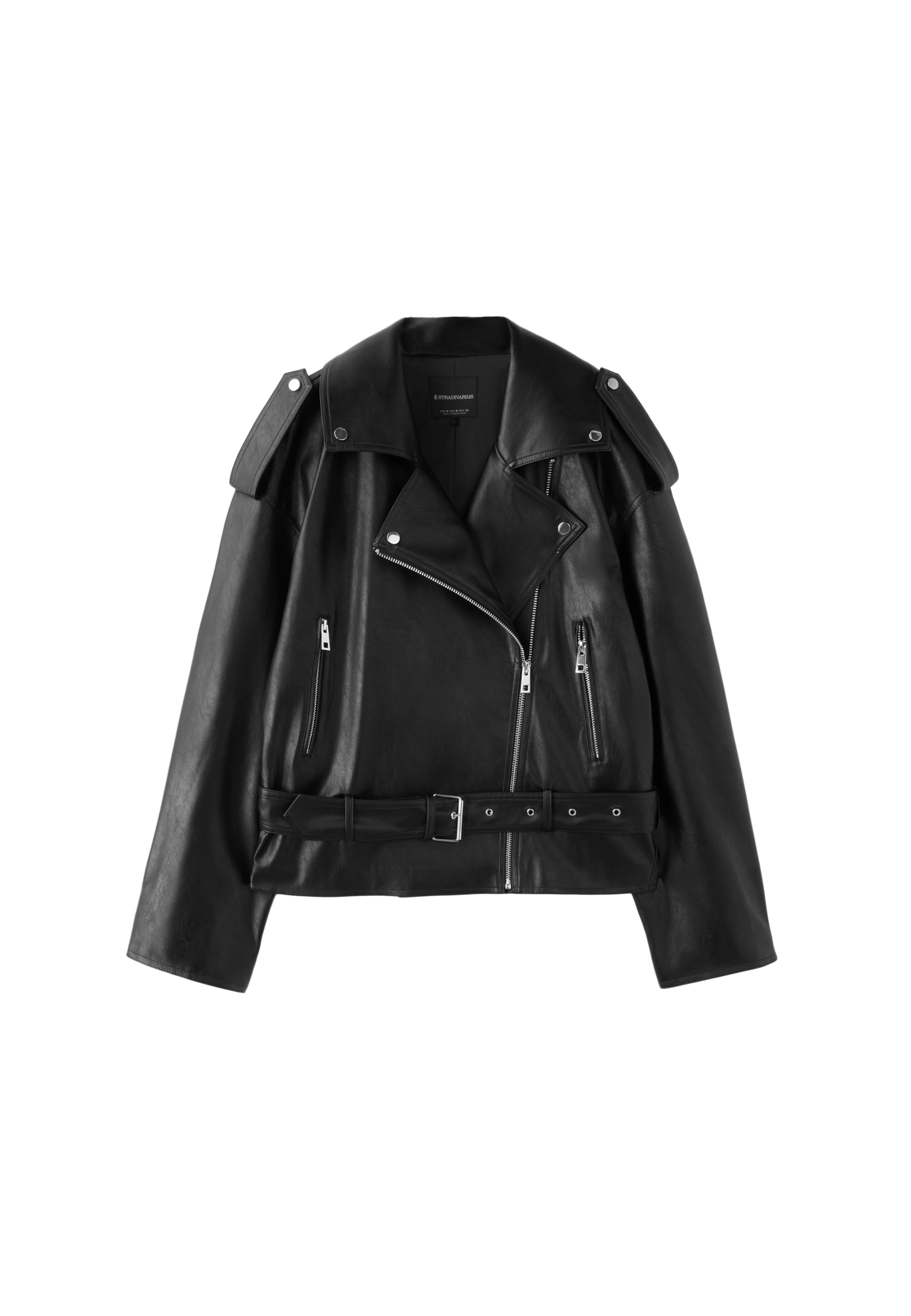 Leather effect biker jacket with belt — Black
