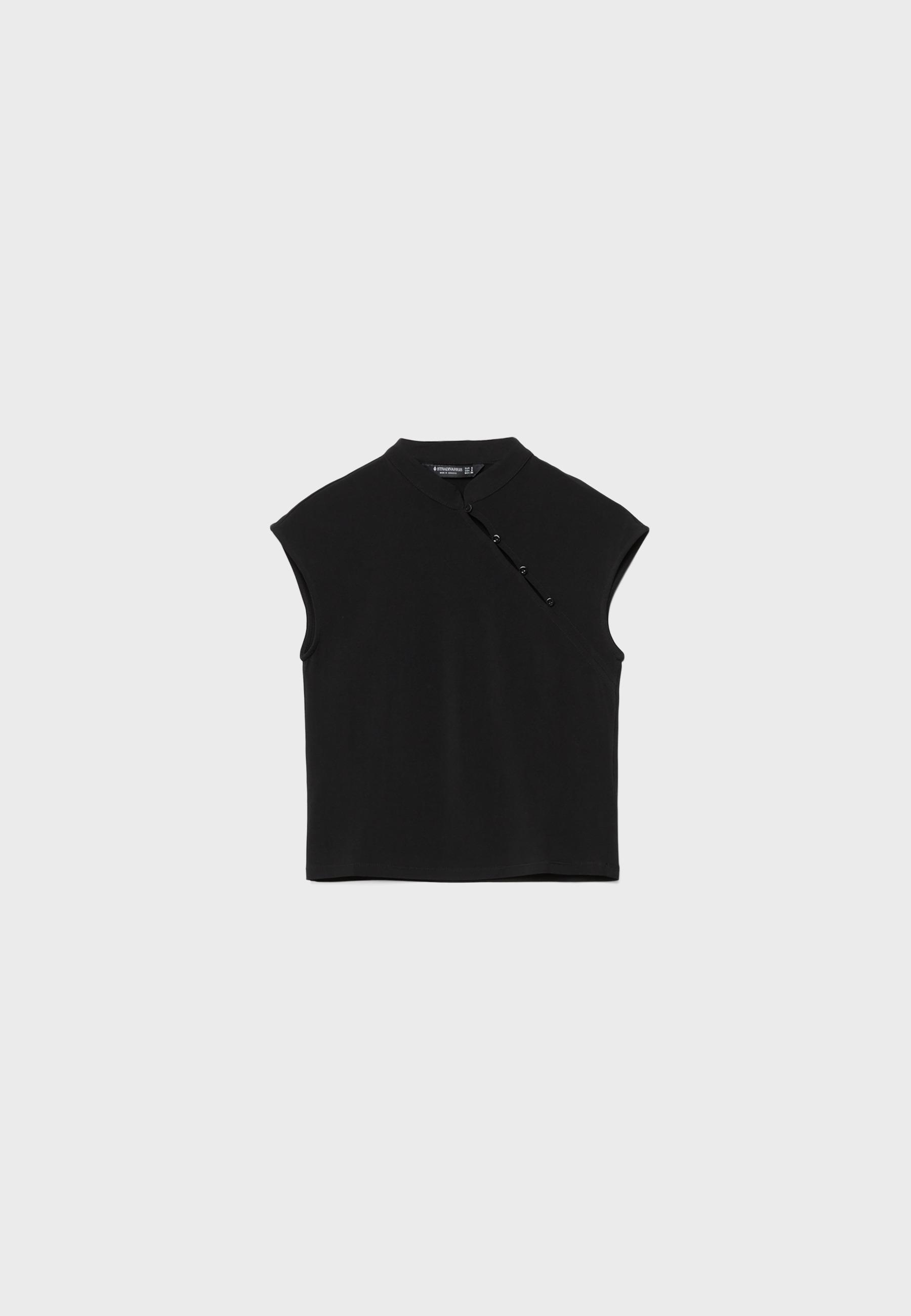 Stand collar short sleeve top — Black