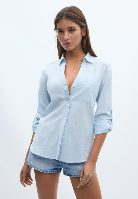 camisa fluida bolsillo con lino l06045792