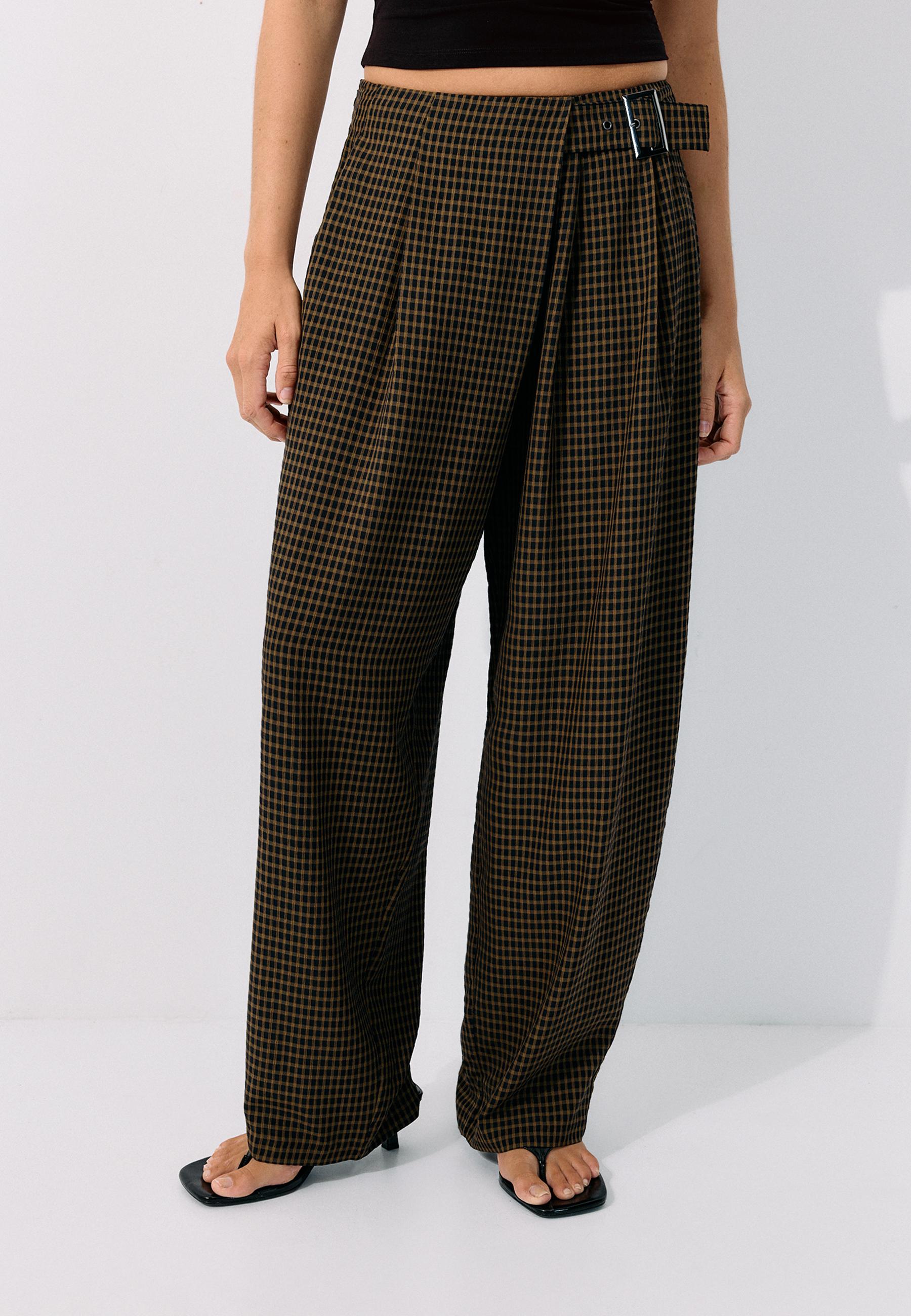 Flowing check trousers with buckle — Khaki