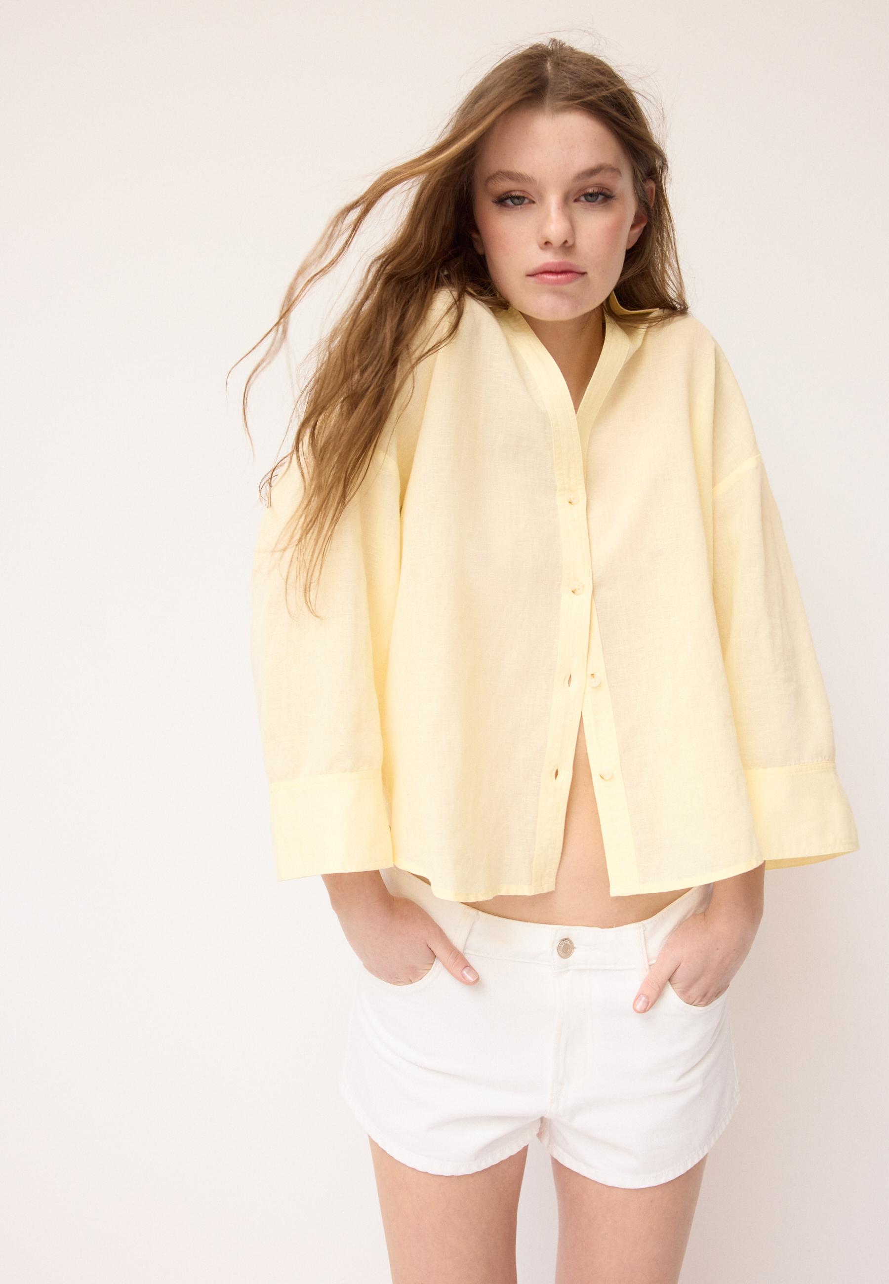 Keten görünümlü yarasa kollu gömlek