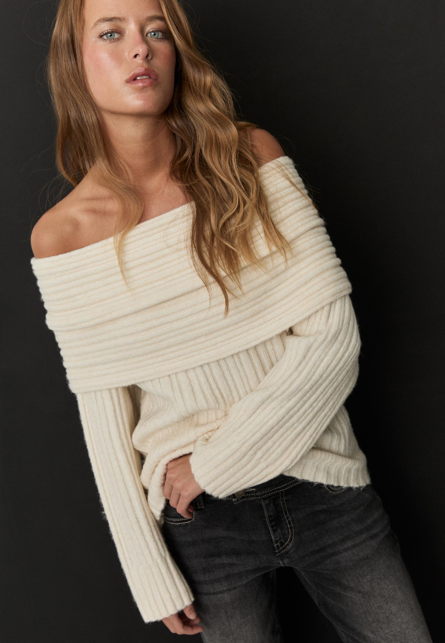 Asymmetric exposed shoulder knit sweater — Ecru