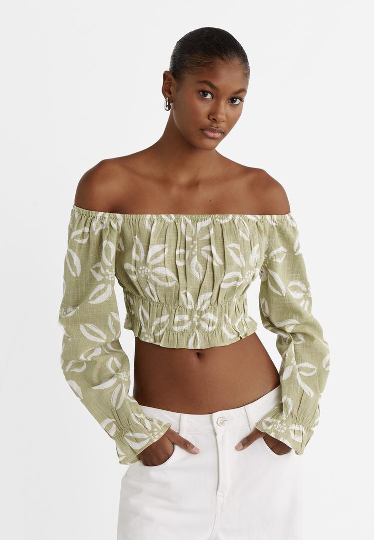 Stradivarius Bluză Cu Elastic Și Umeri Goi Kaki M