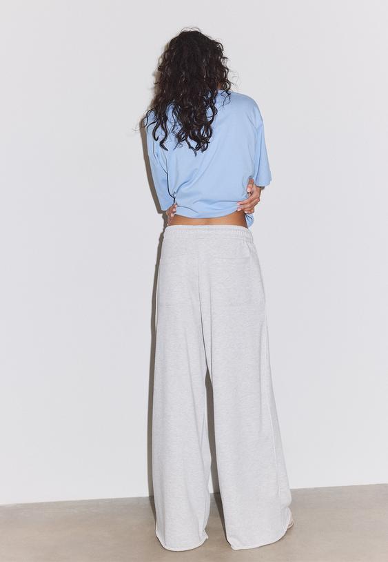 Stradivarius Wide-Leg Plush Trousers With Trim Detail Grey Melange M