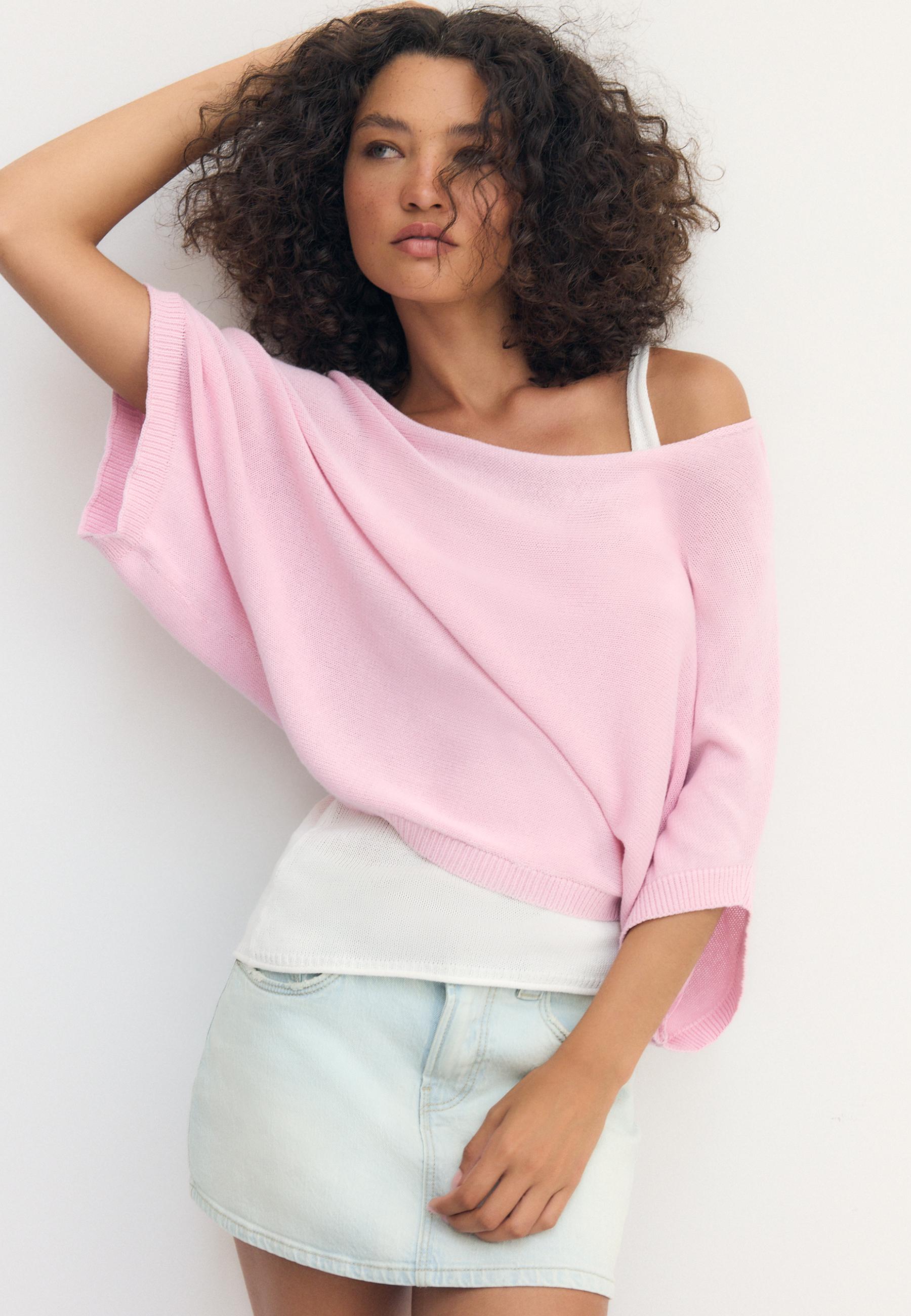 Boat neck knit jumper with overlay — Pastel pink