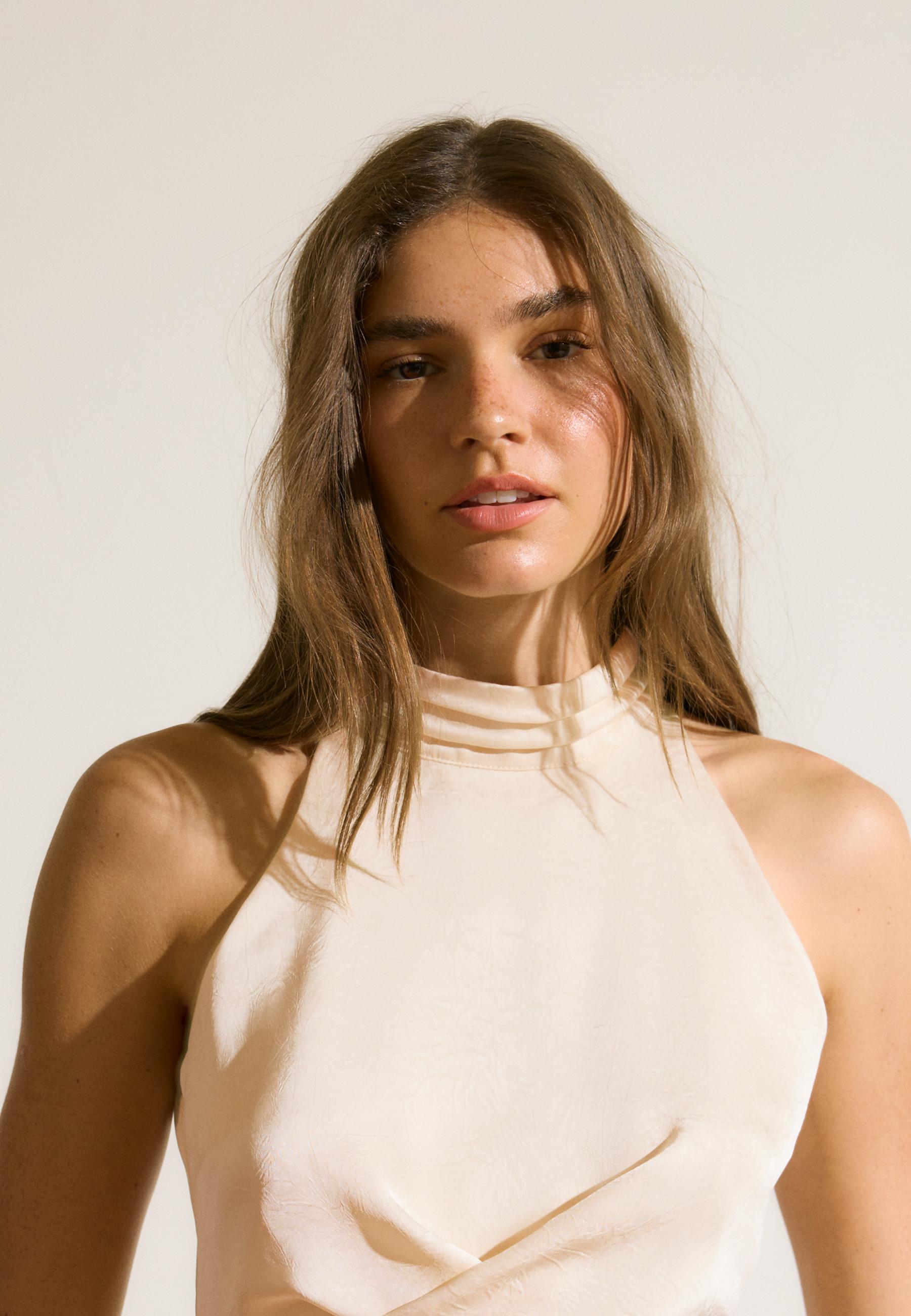 Satin halter neck top with ruching — Vanilla