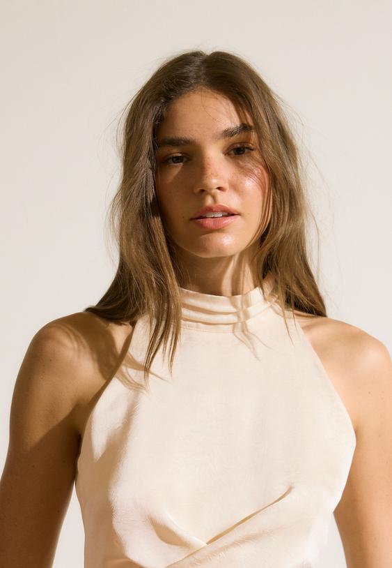 satin halter neck top with ruching