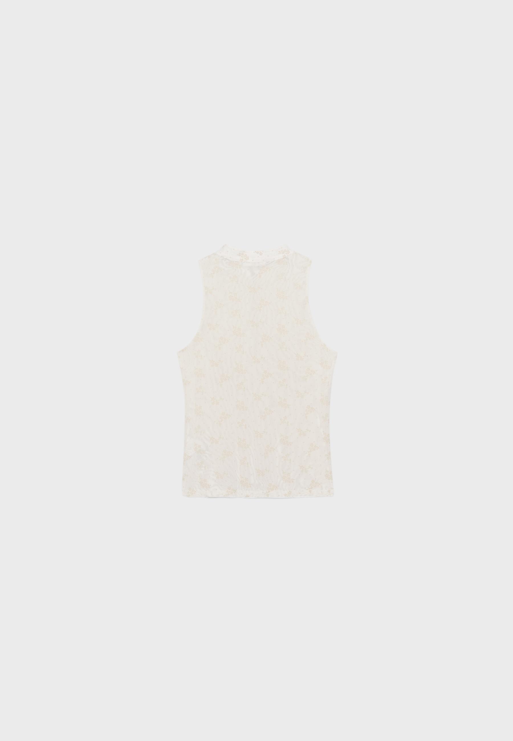 Sleeveless stand collar top with split — Ecru