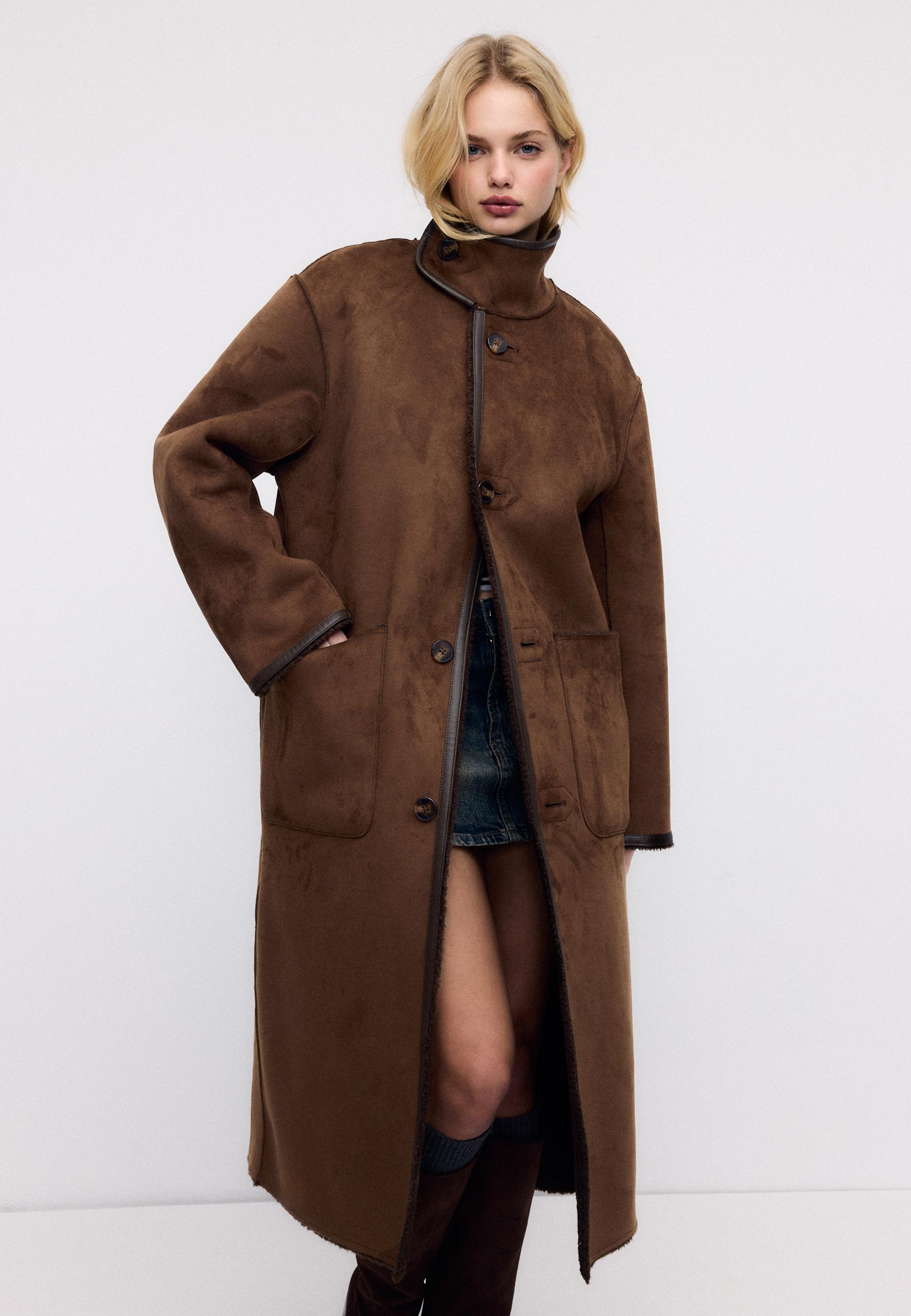 Long reversible double-faced coat — Brown