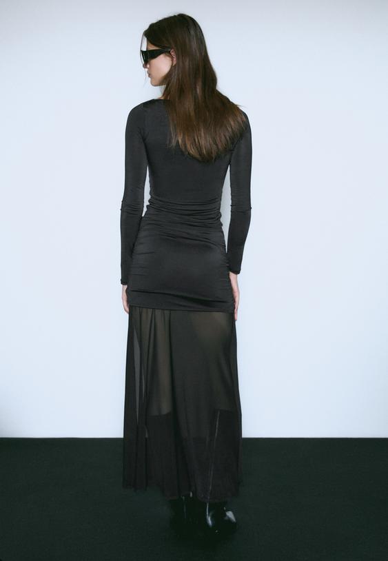 vestido largo combinado tul fluido