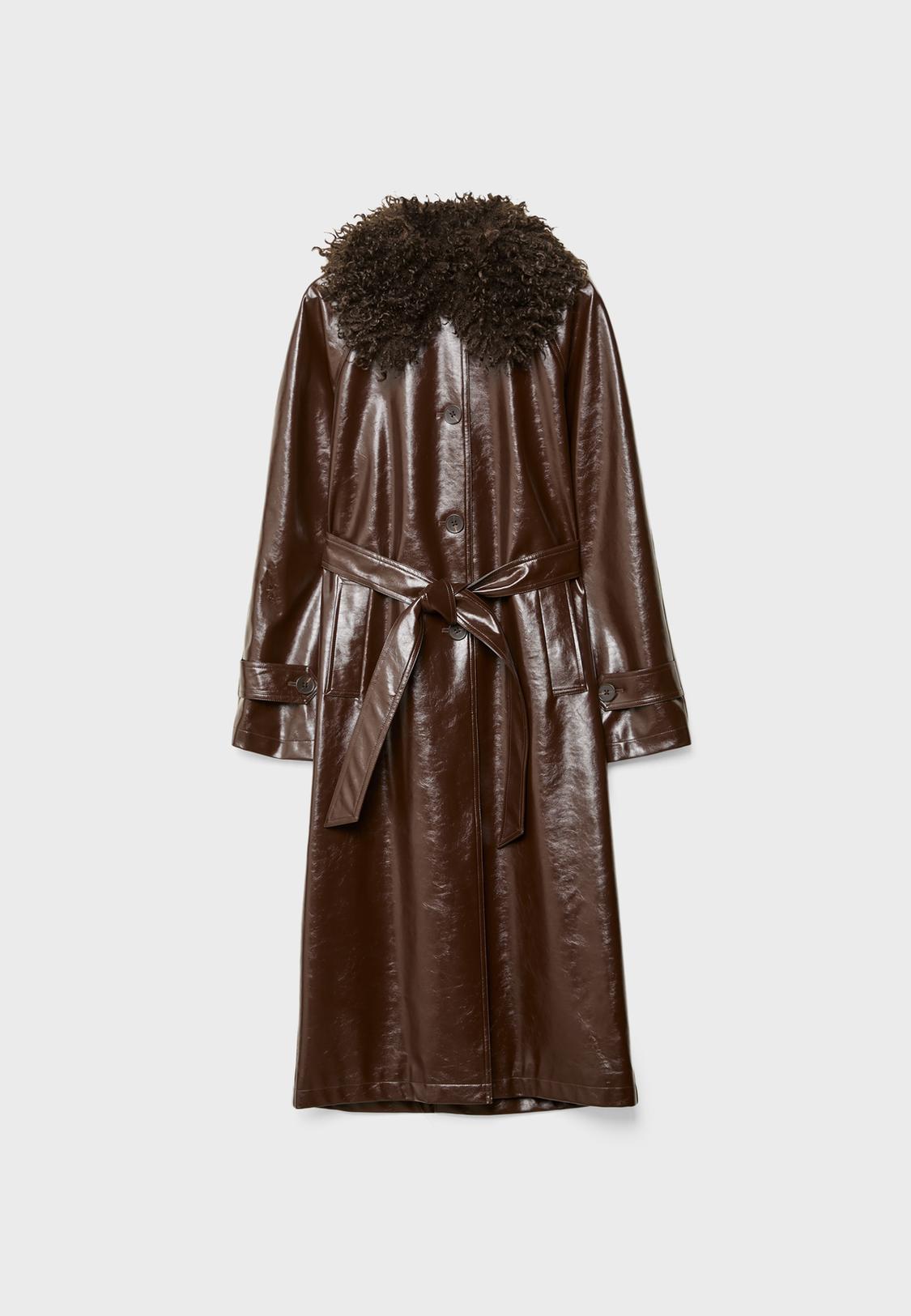 Long faux leather trench coat