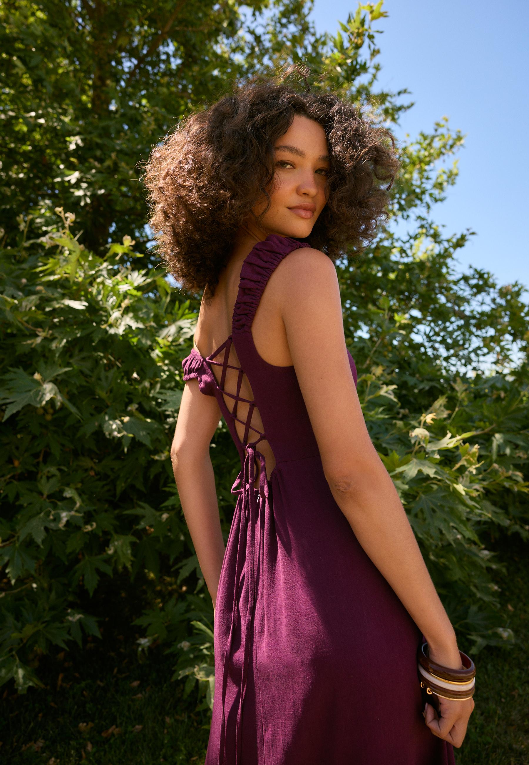 Midi dress with tie-back — Purple