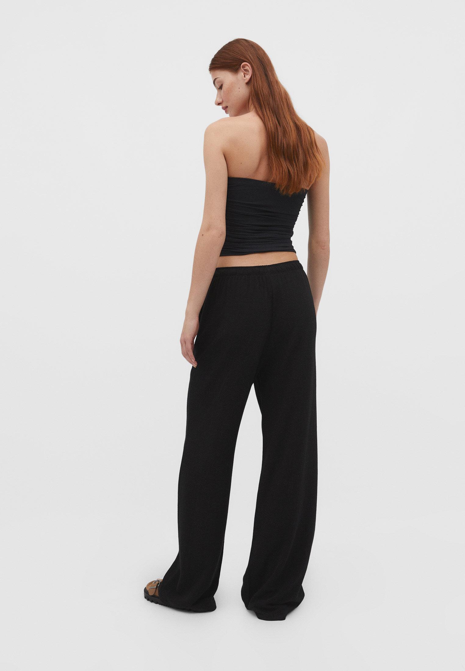 Straight-leg linen-look trousers — Black