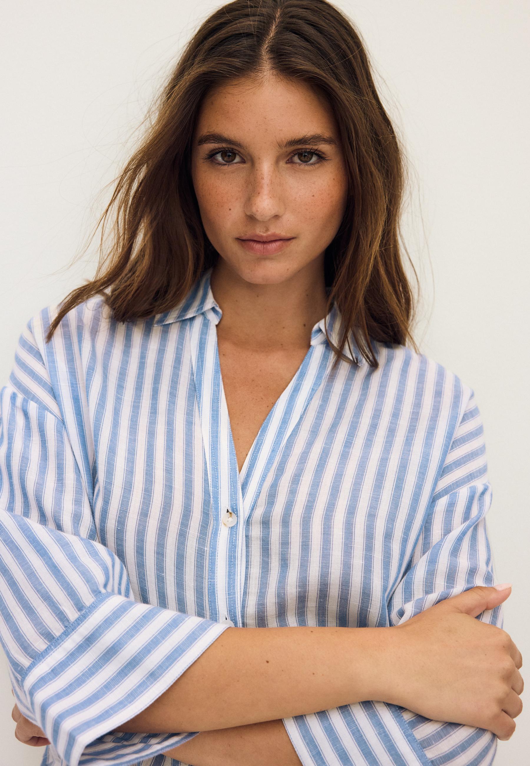 Linen-effect kimono sleeve shirt — Navy blue